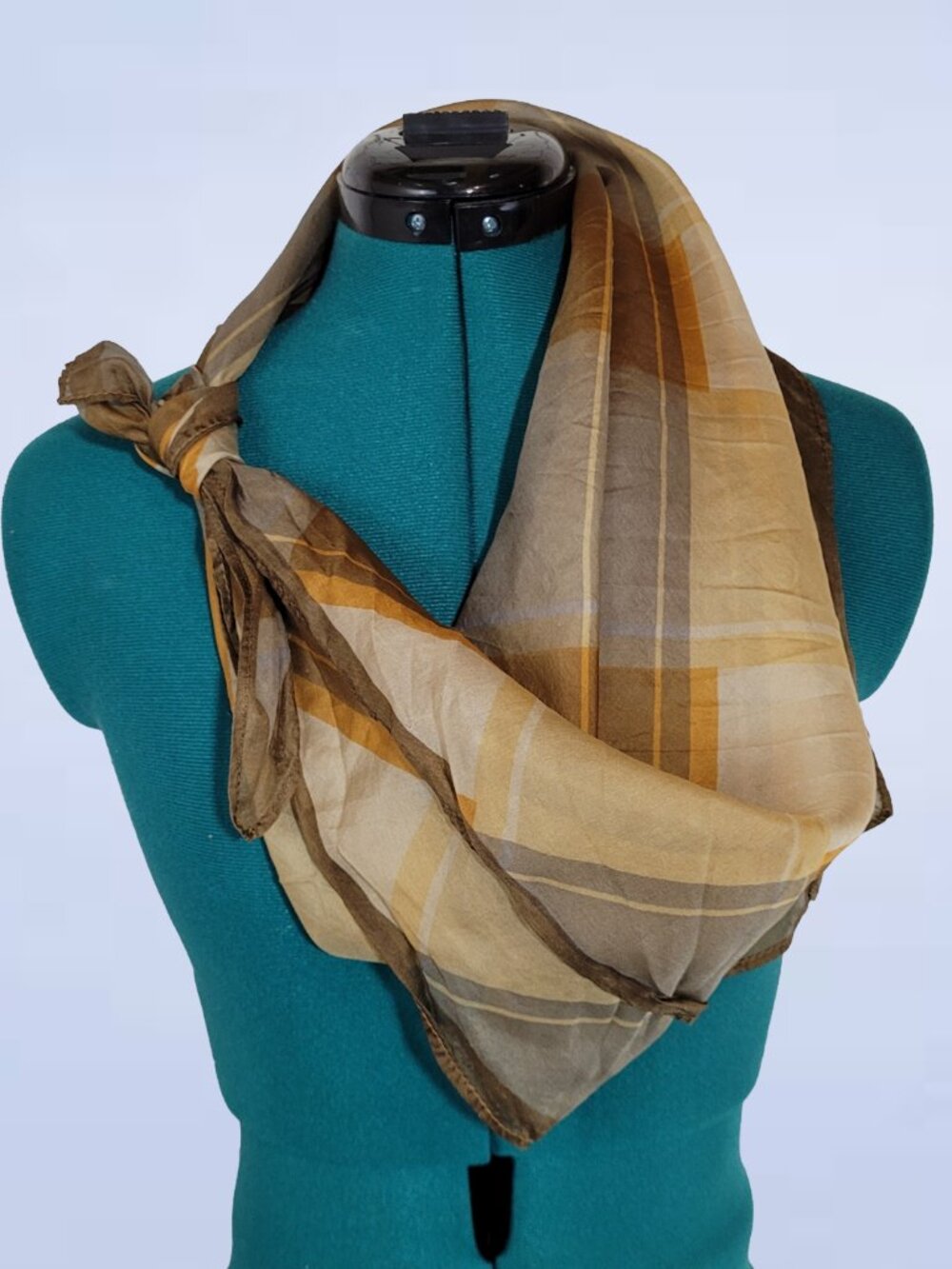 Vintage Silk Plaid Scarf | Earthy Mustard & Gray Checkered Neck Wrap